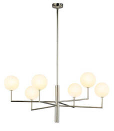 Niklowana Wisząca Lampa Jupiter Feme 6-punktowa biały klosz 1935